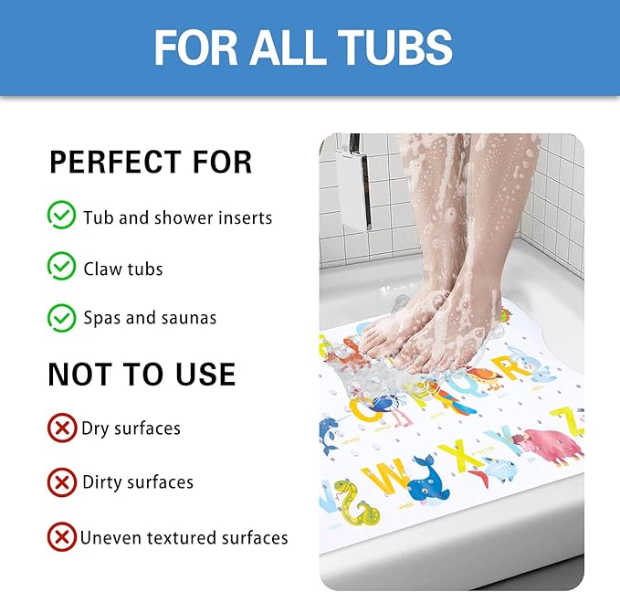 Kids Bath Mat with Ocean Theme Design, 40x16 inches, Non-Slip with 200 Suction Cups, Cartoon Sea Animals Pattern (Letter+Animal, 40 * 16in)