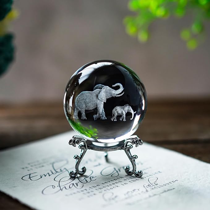 ZEERSHEE 60mm 3D Glass Laser Engraved Mother Son Elephants Crystal Ball with Stand Decorative Sphere Elephant Gifts for Women
