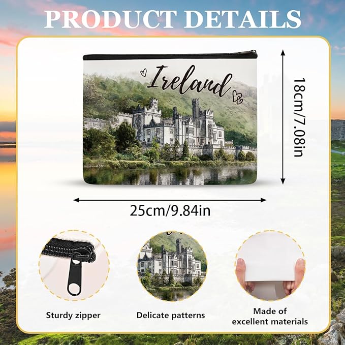 Kylemore Abbey Ireland Makeup Bag Gifts – Ireland Travel Essentials Watercolor Cosmetic Bag, Irish Gifts for Women Girls, Zipper Toiletry Pouch, Irish Souvenir Organizer Waterproof Linen