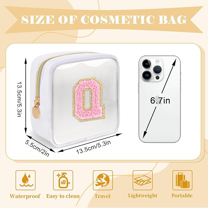 Personalized Initial Letter Clear Preppy Makeup Bag,Mini Nylon Chenille Letter Cosmetic Bag Cute Zipper Pouch Purse for Teen Girls,Portable TSA Approved Beach Travel Essentials Bag Gift for Women,Q
