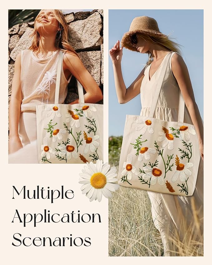 Miss Adola Aesthetic Embroidery Tote Bag for Women - Reusable Canvas Cute Shoulder Bag for Shopping, Grocery, Work, Book