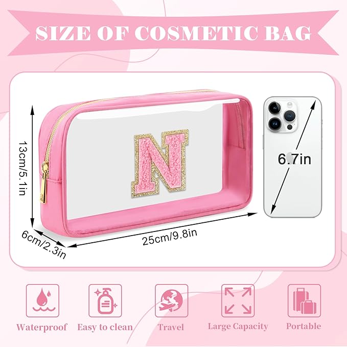 Personalized Initial Letter Clear Makeup Bag,Preppy Small Nylon&PVC Cosmetic Zipper Bag with Chenille Letter,Portable Beach Travel Skincare Toiletry Bag,Trendy Monogram Gift for Teen Girls Women,N