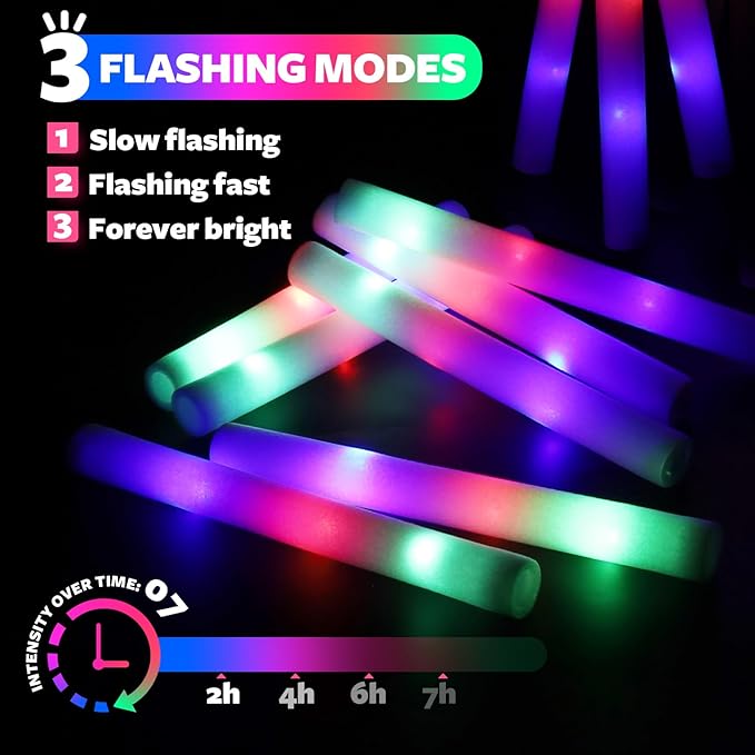 220 PCS LED Foam Glow Sticks Bulk, Glow in the Dark Party Supplies with 3 Modes Colorful Flashing, Neon Party Favors for Birthday, Wedding, Carnival, Concert, New Year