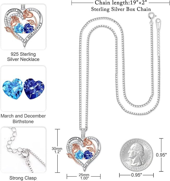 Iefil Valentines Day Gifts for Her - 925 Sterling Silver Rose Heart Birthstone Necklace Birthday Anniversary Jewelry Gifts for Her Wife Mom Daughter