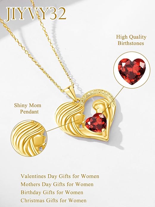 Mother and Daughter/Son Love Heart Necklace White Gold/14K Gold/Rose Gold Birthstone Jewelry Christmas Mothers Day Birthday Gifts For Mom Wife Grandma Women