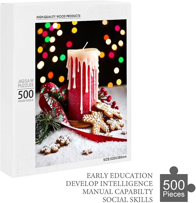 Jigsaw Puzzles for Adults 500 Piece - Merry Christmas，Christmas Candles Wooden Puzzle，Puzzle Games， Stress Relief Games，Funny Puzzles，Unique Gifts for Wall Art ，Family Puzzles，Educational Games