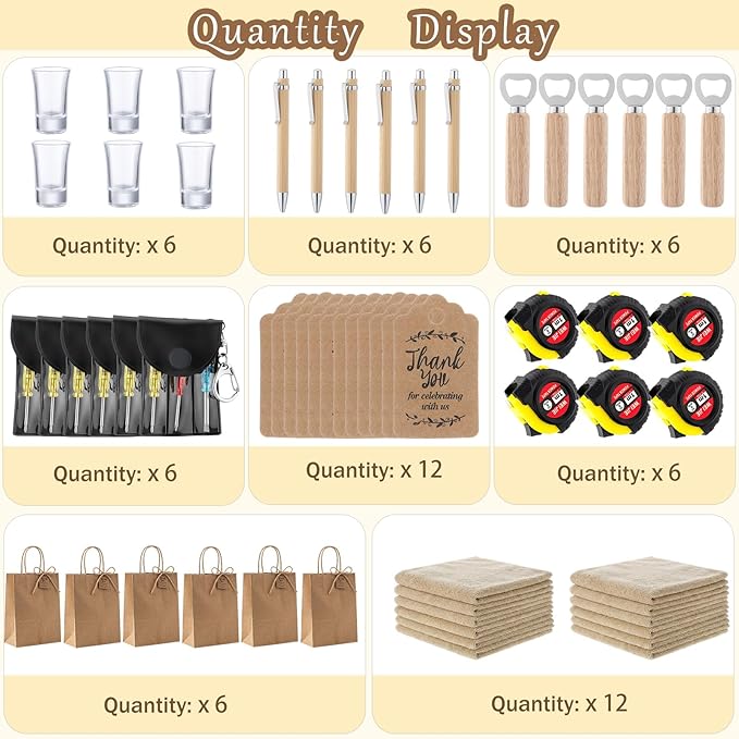 Leinuosen 6 Set Kraft Baby Shower Game Prizes for Men Baby Shower Guest Gifts for Winners with Cleaning Cloth Bottle Opener Screwdriver Tape Measuring Keychain Multi Tool Pen Kraft Gift Bags