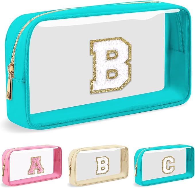 Personalized Initial Letter Clear Makeup Bag,Preppy Small Nylon&PVC Cosmetic Zipper Bag with Chenille Letter,Portable Beach Travel Skincare Toiletry Bag,Trendy Monogram Gift for Teen Girls Women,B