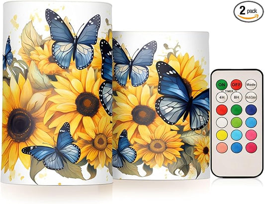 ALAZA Blue Butterflies Sunflowers Flickering Flameless Candles Battery Operated with Remote Timer,Tea Light Candles LED Pillar Votive Candles Set of 2 for Outdoor Indoor Decorations