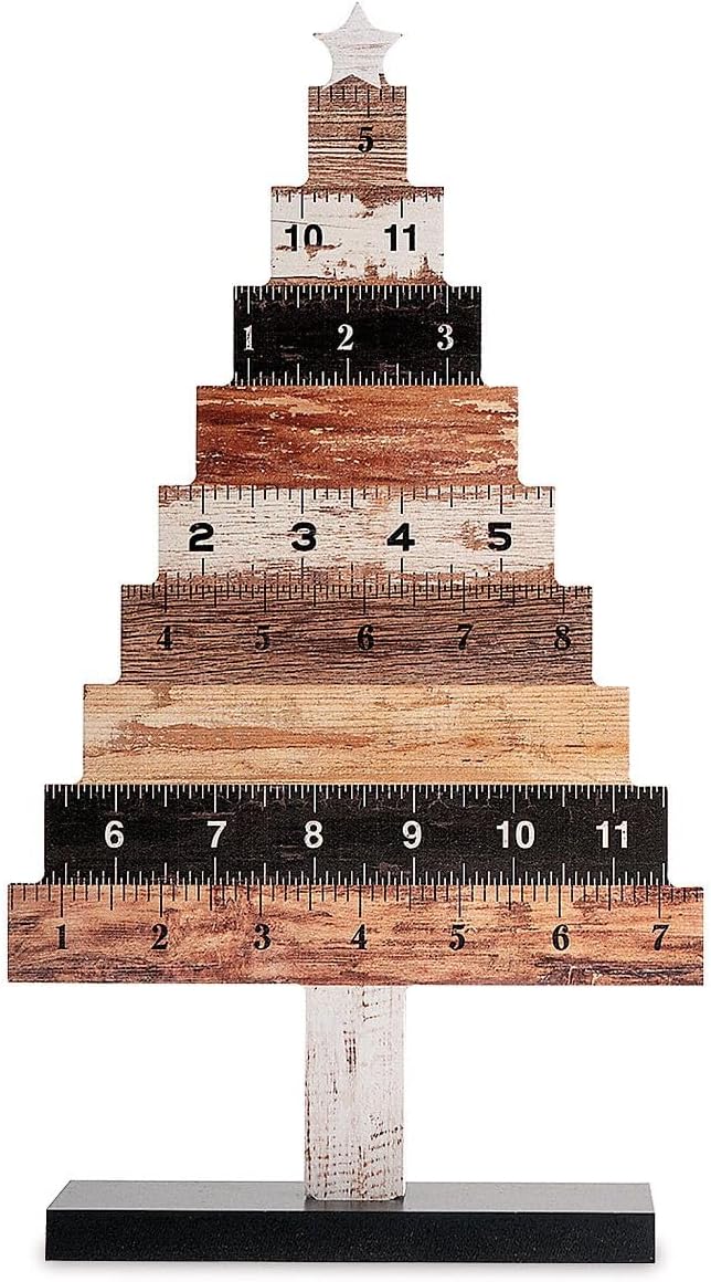 Lillian Vernon Wooden Christmas Ruler Tree Shelf & Table Sitter Sign, Seasonal Tabletop Decorations & Rustic Indoor Home Decor, 12” Tall, MDR & Wood