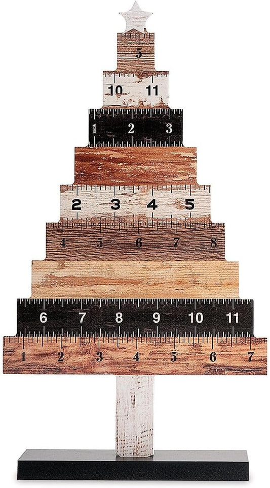 Lillian Vernon Wooden Christmas Ruler Tree Shelf & Table Sitter Sign, Seasonal Tabletop Decorations & Rustic Indoor Home Decor, 12” Tall, MDR & Wood