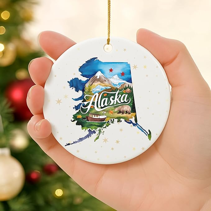 USA State Landmark Ceramic Ornament – Round Glossy Christmas Decoration Featuring U.S. State Art, Landmarks & Holiday Scenery – Collectible Travel Souvenir Ornament Series (Alaska)
