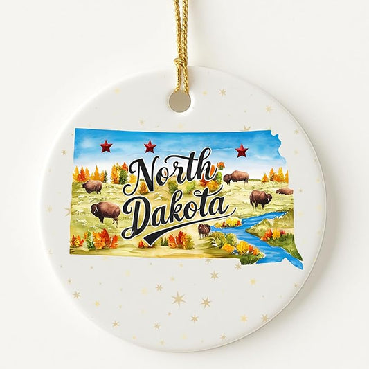 USA State Landmark Ceramic Ornament – Round Glossy Christmas Decoration Featuring U.S. State Art, Landmarks & Holiday Scenery – Collectible Travel Souvenir Ornament Series (North Dakota)