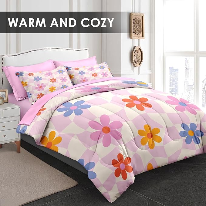 Comforter Set King Size, Retro Daisy Pink 7 Pcs Bedding for Kids and Adults, Hippie Aesthetic Kids Bed Sheet Sets with Fitted Sheet 2 Pillowcases & 2 Shams for Bedroom Bed Decor