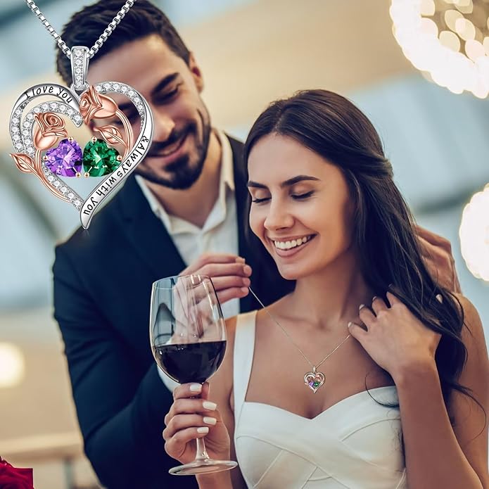Iefil Valentines Day Gifts for Her - 925 Sterling Silver Rose Heart Birthstone Necklace Birthday Anniversary Jewelry Gifts for Her Wife Mom Daughter