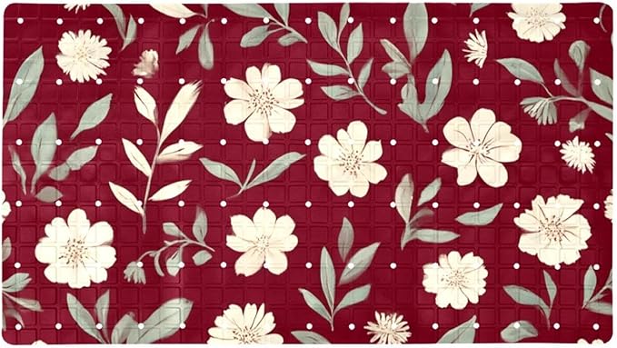 Bath Tub Mat Non Slip 15.1 x 26.8 Inch, Small White Flowers and Leaves on Deep Red Background Eco Friendly Bathmat with Suction Cups Drain Holes Shower Tub Mats