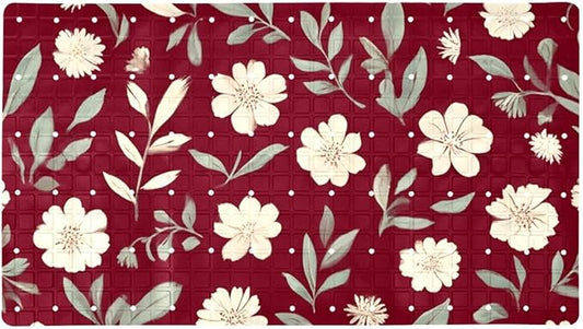 Bath Tub Mat Non Slip 15.1 x 26.8 Inch, Small White Flowers and Leaves on Deep Red Background Eco Friendly Bathmat with Suction Cups Drain Holes Shower Tub Mats