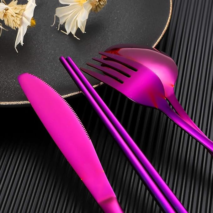 Travel Utensils,Reusable Silverware Set To Go Portable Cutlery Set with a Waterproof Carrying Case for Lunch Boxes Workplace Camping Picnic (Purple)