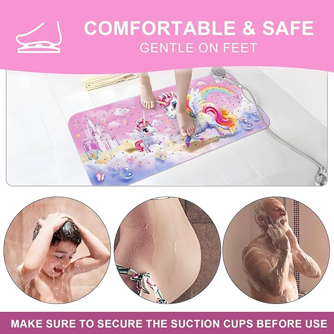 XIYUNTE Baby Bath Mat for Tub Non Slip Kids Bath Mat - 40''x16'' Extra Long Cartoon Bathtub Mat Non Slip Kids Shower Mat Eco-Friendly Toddler Bath Mats with Suction Cups, Machine Washable, Unicorn