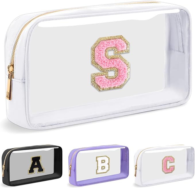 Personalized Initial Letter Clear Makeup Bag,Preppy Small Nylon&PVC Cosmetic Zipper Bag with Chenille Letter,Travel Skincare Toiletry Bag,Monogram Christmas Gift for Teen Girls Women,S
