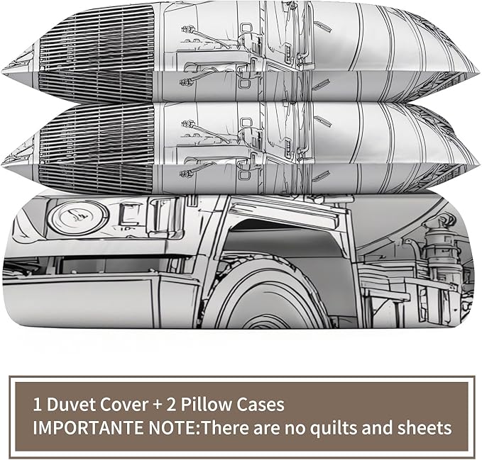 Tanker Truck Duvet Cover California King Mechanical Vehicle Bedding Set Black White Mechanical Cars Comforter Set Industrial Style Duvet Cover with Zipper Ties for Bedroom