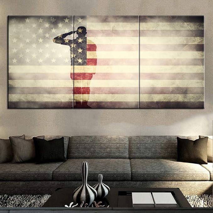 Native American Flag Picture Soldier Saluting Silhouette Paintings 3 Piece Canvas Wall Art for Living Room Stars Stripes Artwork Home Decor Giclee Framed Ready to Hang Posters and Prints(60''Wx 28''H)