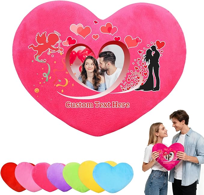 Custom Heart Pillow with Photo Name, Personalized Heart Pillows Decorative Throw Pillows as Valentine Pillow Personalized Gifts for Women Men Kids Family on Valentines Day Anniversary
