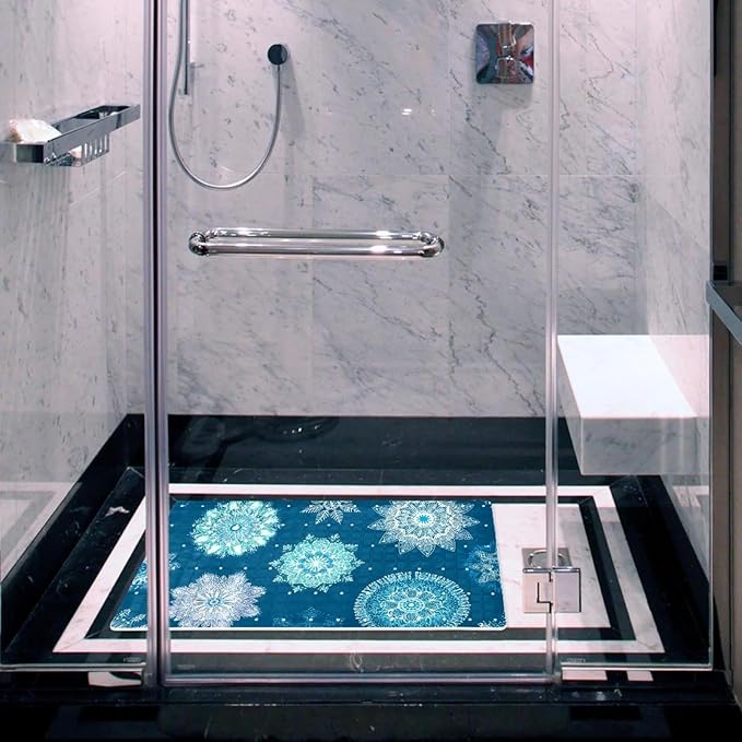 Seamless Christmas Blue Snowflakes Bath Tub and Shower Mats, Non Slip Bathmat with Drain Holes and Suction Cups for Bathroom Floor, 15.1 x 26.8 Inch