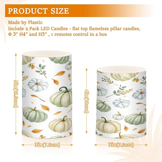 Green Pumpkin Autumn Fall Flickering Flameless Candles Battery Operated with Remote Timer,Tea Light Candles LED Pillar Votive Candles Set of 2 for Outdoor Indoor Decorations