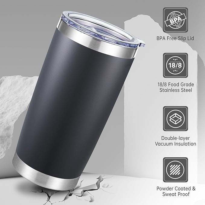 20 oz Tumblers Bulk Stainless Steel Tumbler with Lid Double Wall Vacuum Insulated Coffee Mug 20oz Powder Coated Cup for Hot and Cold Drinks, Black, 6 pack