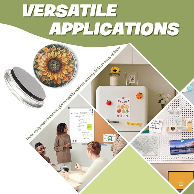 Fridge Magnets 6 Pcs Gorgeous Sunflower Painting Round Strong Magnetic Glass Small Refrigerator Magnet,Home Decoration for Office Whiteboards,Classrooms,Cabinet and Dishwasher