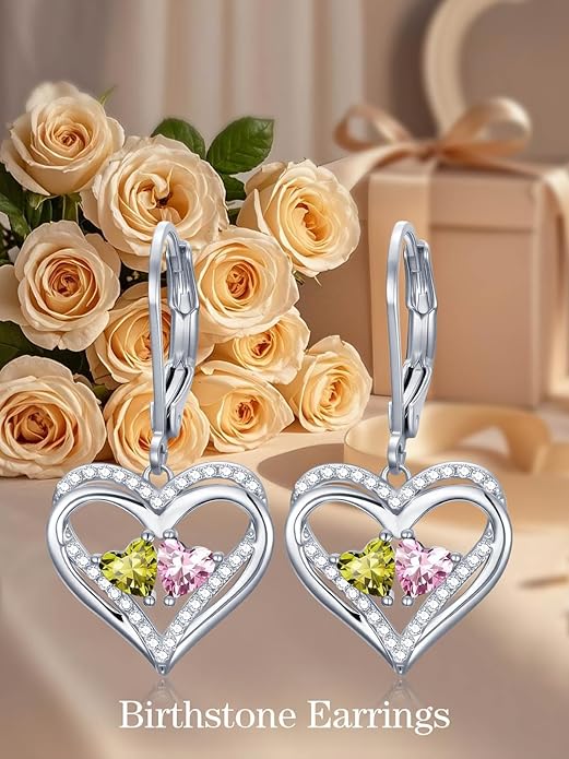 Heart Leverback Earrings Double Birthstone Dangle Earrings for Women, Love Jewelry for Her, Christmas Gifts for Women, Anniversary Birthday Gift for Mom Wife Girlfriend