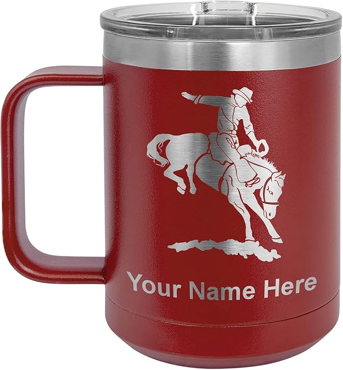 LaserGram 15oz Vacuum Insulated Coffee Mug, Bronco Rider, Personalized Engraving Included (Maroon)