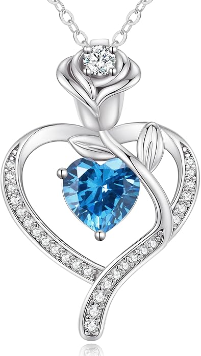 LOUISA SECRET Rose Flower Heart Birthstone Necklaces for Women, 925 Sterling Silver Fine Jewelry, Pendant Heart Necklaces Birthday Anniversary Christmas Gift for Women Wife Mom Girlfriend Lady