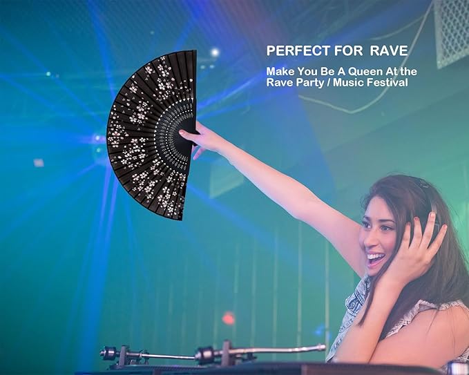 Hand Held Fan for Women Foldable, Chinese Japanese Vintage Bamboo Silk Folding Fans Hand Fan for Dance Music Festival Wedding Church Decoration (Black Little Sakura)