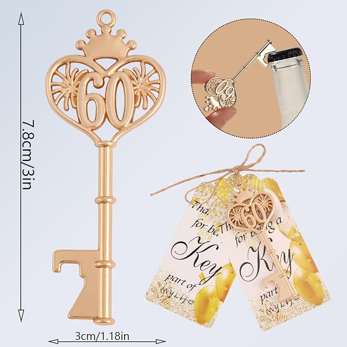24 Sets 60 Birthday Party Favors Key Bottle Opener, 60th Beer Opener Keychain Favors for Guest with Organza Bags and Tags,Beer Keychain Bottle Openers for Birthday Party Decoration Supplies (gold-60)