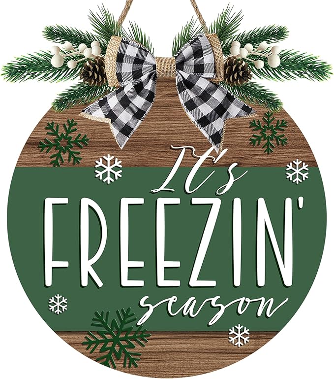 Deroro Winter It's Freezin' Season Green Front Door Sign, Farmhouse Snowflake Wood Hanger Outdoor Outside Porch Decor, Rustic Christmas Wooden Wreath Indoor Wall Hanging Decoration with Plaid Bow