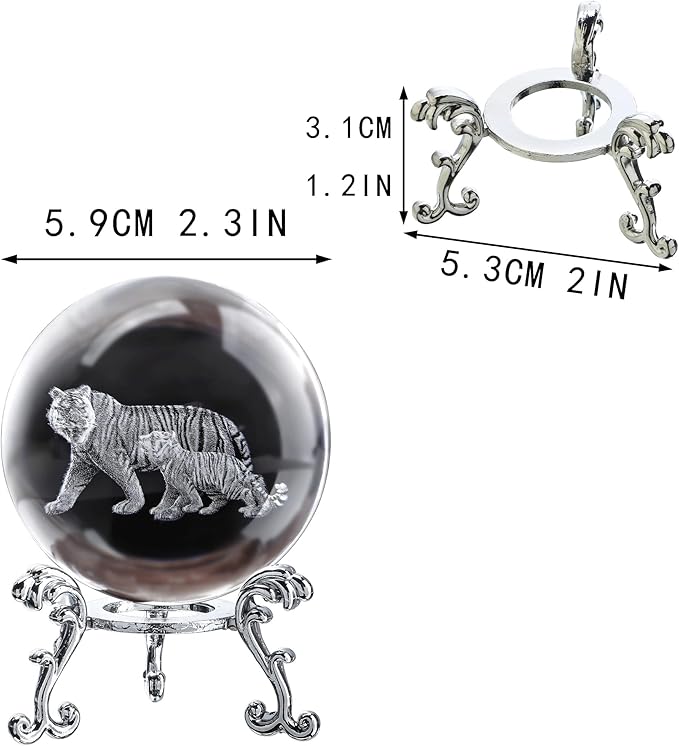ZEERSHEE 60mm 3D Tigers Crystal Ball with Stand Glass Tiger Decorative Ball Paperweights Decor for Home Office