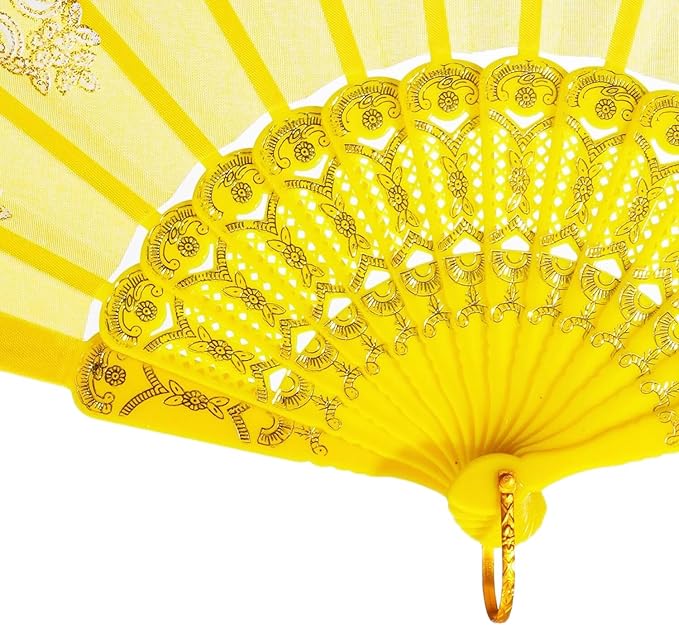 QIRMIZI 10 Pack Folding Handheld Fans,Silk Spanish Fan, Perfect for Weddings, Parties, and Dancing,Yellow