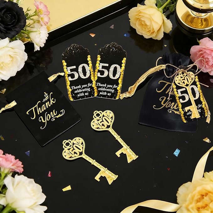 50Pcs 50th Gold Key Bottle Opener 50th Birthday Party Favors, 50th Anniversary Souvenirs Return Gifts 50th Key Beer Bottle Opener With Thank You Cards For Party Birthday Wedding Shower (50)
