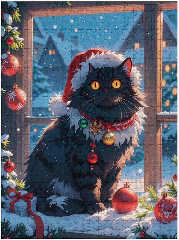 Jigsaw Puzzles for Adults 500 Piece - Christmas Black Cat Wooden Puzzles, Unique Gifts for Wall Art，Family Puzzles，Educational Games，Challenge Puzzles
