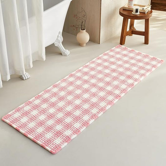 Waffle Runner Rug Bathroom, Long Boho Bathroom Rugs Non Slip Washable Absorbent Checkered Bathroom Mat Quick Dry Cute Bath Mat, 72"x24" Pink and White