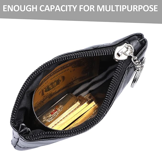Real Leather Coin Purse with Rhombus Embroidery Zipper Keychain Mini Wallet for Women & Men (Black)