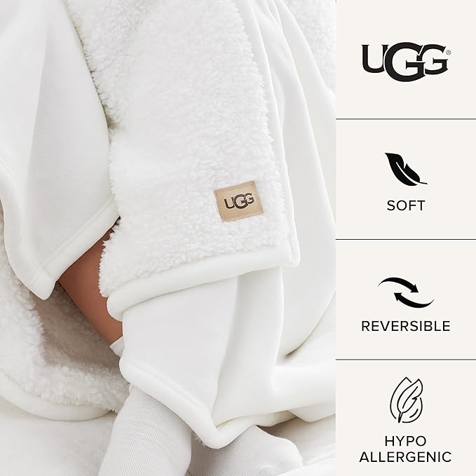 UGG Nita Full/Queen Blanket Fleece Fluffy Reversible Soft Fuzzy Bedding Cozy Plush Warm Oversized Blanket Machine Washable Bedroom Decor for Big Couch or Bed, 90-inch x 90-inch, White Snow