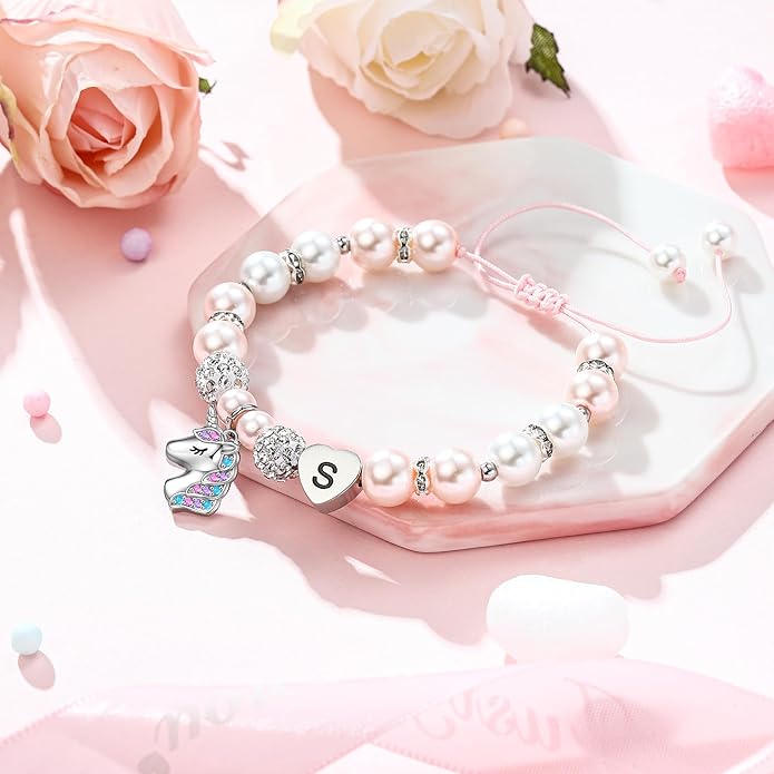 Hidepoo Valentines Gifts for Kids Girls - Unicorn Bracelets for Girls Kids, CZ Initial Unicorns Bracelet Adjustable Heart Initial Unicorn Bracelets Jewelry Birthday Gifts for Girl