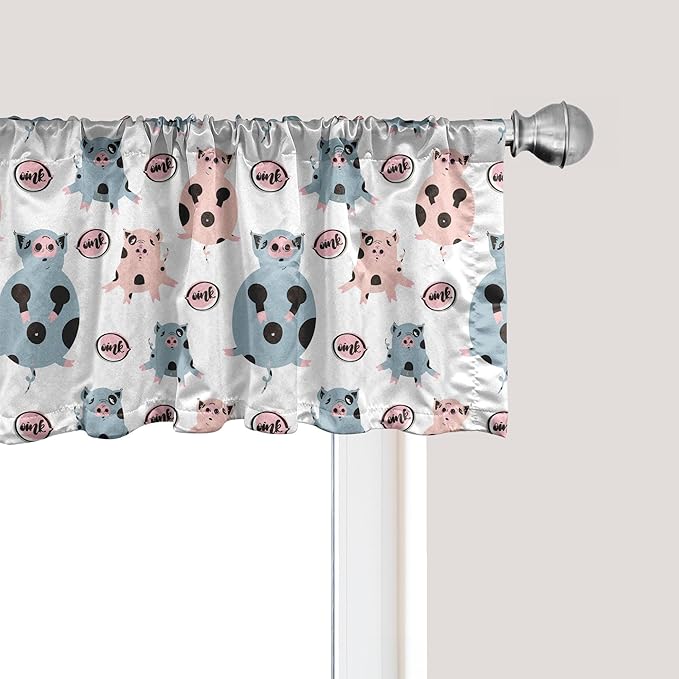 Ambesonne Farm Animal Window Valance, Repetitive Pattern of Cartoon Pigs, Curtain Valance for Kitchen Bedroom Decor with Rod Pocket, 54" X 12", Blue Grey Blush