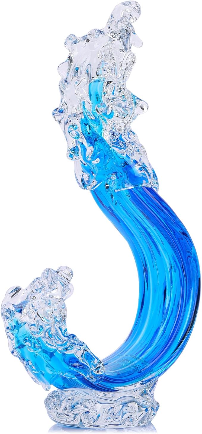 LCCCK Blue Glass Beach House Decor, Hand Blown Ocean Wave Decorate, Tall Blue Glass Sculpture Home Decor, Ocean Wave Fused Art Figurines, for Sea Art Beach Coastal Nautical Office Surfers Gifts