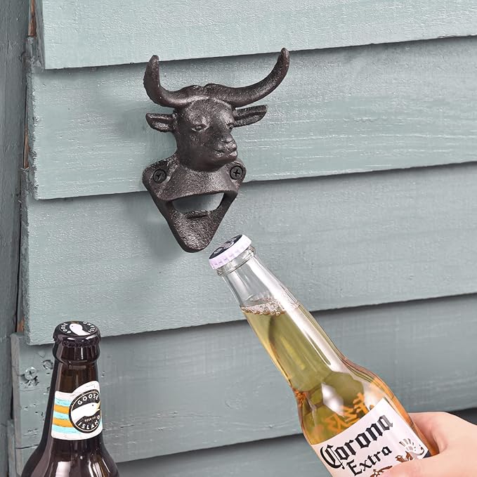 Sungmor Wall Mounted Bottle Opener, Cast Iron Cool Bull Head Bottle Opener, Beer Coke Beverage Bottle Cap Opener, Vintage Rustic Style Wall Hanging Opener, Bar Farmhouse Wall Ornament, Practical Gift