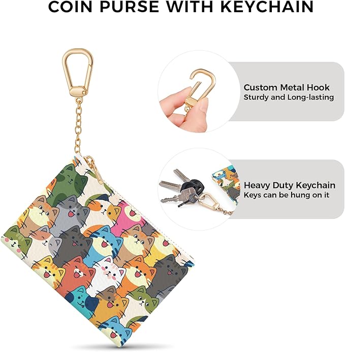 Colorful Cats Keychain Coin Purse for Women, Cute Small PU Leather Change Pouch, Zipper Little Tiny Travel Wallet for Girls, Cute Kawaii Zip Pocket Coin Holder with Key Ring