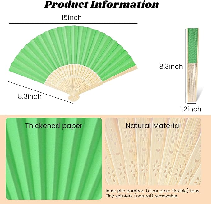 JOHOUSE 12PCS Foldable Hand Fan, 8.3 Inch Green Paper Fans for Woodland Baby Shower Decorations, Wedding, Outdoor Party Favors, Bridal Shower DIY Crafts Photography Prop